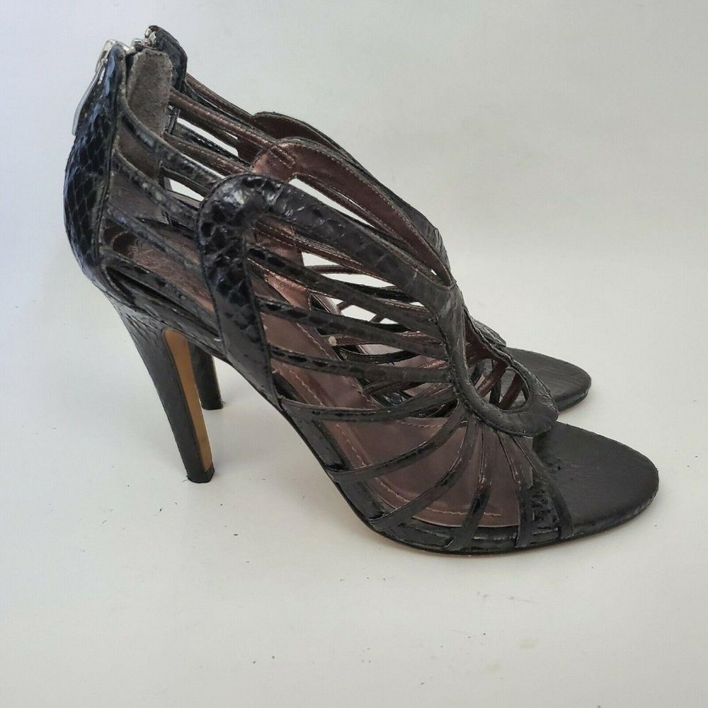 Vince Camuto Solana Women Cage Heels 8 Black Leather Strappy Stiletto Sexy Snake - Picture 8 of 12